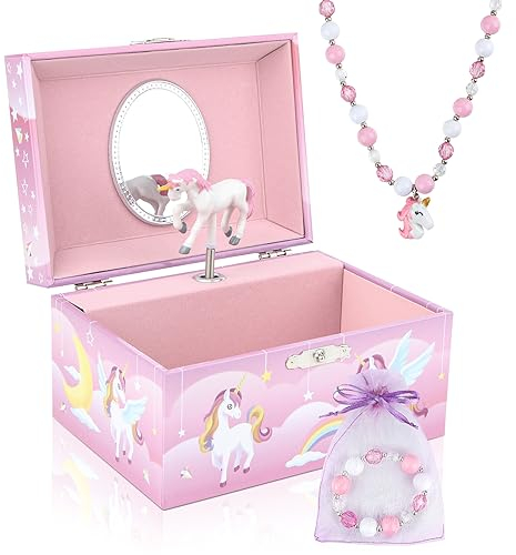 Homtibrm Musical Jewellery Box for Girls with Unicorn Jewelry Set, Kids Jewellery Box Music Box with Rainbow Pony Birthday Gifts for Girls, Over the Rainbow Tune