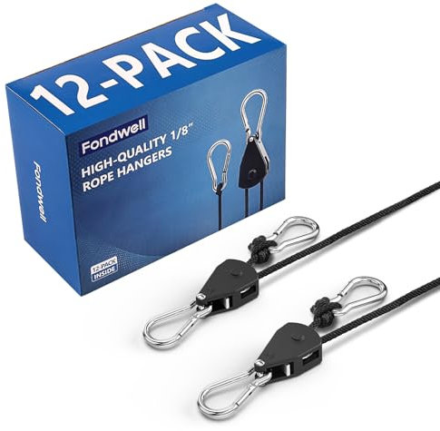 Fondwell Confezione da 12 ganci regolabili in corda da 0,3 cm, cinghia a cricchetto con parti interne in metallo rinforzato, sistema di puleggia per piante sospese e luci per vari scopi