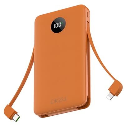 OKZU Power Bank with Built-in Cables, 10000mah 22.5W PD 3.0 QC 4.0 USB C Fast Charging Power Bank, Type C Battery Pack Compatible with iPhone 14 13 12 11 Samsung Galaxy Google Pixel and More (Orange)