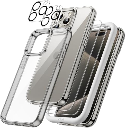 JETech 5 in 1 Case for iPhone 15 Pro Max 6.7-Inch with 2-Pack Each Tempered Glass Screen Protector and Camera Lens Protector, Non-Yellowing Shockproof Bumper Phone Cover (Natural Titanium)