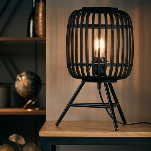 Lightbox Boho Tischlampe - 41 x 16 x 16 cm - Tischleuchte mit schwarzen Ratten Schirm & Schalter - E27, max. 60 W - aus Metall/Bambus - in Holz Dunkel/Schwarz