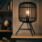 Lightbox Boho Tischlampe - 41 x 16 x 16 cm - Tischleuchte mit schwarzen Ratten Schirm & Schalter - E27, max. 60 W - aus Metall/Bambus - in Holz Dunkel/Schwarz