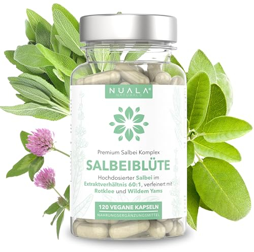 NEU! SALBEIBLÜTE - Salbei Kapseln 60:1 - Hochdosiert mit 15.000 mg pro Tagesdosis, verfeinert mit Wildem Yams und Rotklee