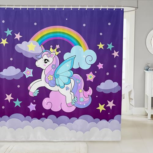 feelingyou Rideau de douche imperméable en tissu lourd de luxe avec motif licorne mignonne pour salle de bain, hôtel, maison, dortoir, baignoire, rideau de douche lavable en machine, rideau à œillets