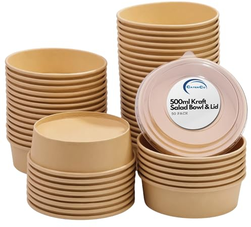 CaterCo Disposable Kraft Salad Bowls with Lids - Versatile Food Containers for Hot/Cold Use for Takeaway, Round Leakproof Kraft Paper Container, (500ml - 50 Sets)