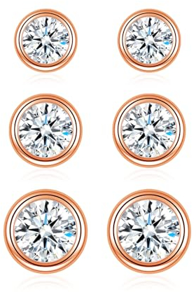 Bewenda Ohrstecker Silber 925, 3 Paare Klein 4/5/6mm Rosegold Ohrstecker Set für Damen Mädchen, Hypoallergen Rund Zirkonia Ohrstecker Ohrringe, Schlafen Knorpel Ohrstecker für Muttertag Valentinstag
