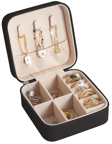 Schmuckkästchen Reise - Schmuckaufbewahrung klein tragbar für Frauen & Mädchen - Schmuckkasten Schmuckbox - Reiseetui für Ringe, Ohringe, Armbänder und Halsketten (Schwarz)