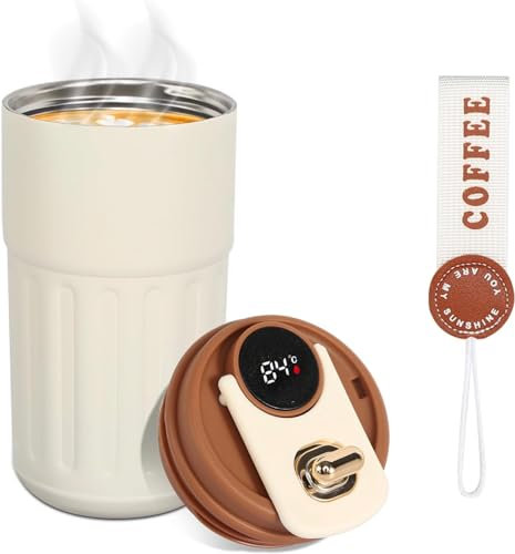 Travel Mugs, Reusable Coffee Cups Travel 450ml LED Temperature Display Smart Water Cup, 316 Stainless Steel Thermal Mug,Leakproof- for Hot & Cold Drinks (White+Coffee)