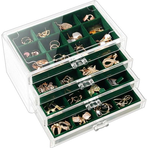 Lolalet Earring Holder Organiser Box Jewelry Storage with 4 Drawers, Clear Acrylic Stackable Earring Case with Adjustable Velvet Trays for Women on Dresser Vanity -Emerald, 4 Layers