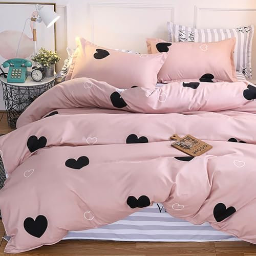 Nayoroom Bettwäsche Herzen 135x200 4teilig Rosa Schwarz Herz Bettbezug 2er Set Microfaser Gestreift Wende Bettwäsche Set und Kissenbezug 80x80 cm Reißverschluss