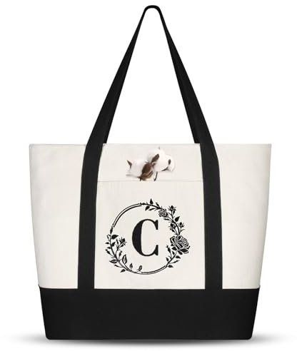 Aucuu Fourre-Tout en Toile avec Initiale Fleur, Tote Bag Personnalisé pour Femme, Sac Réutilisable pour Provisions, Cadeau Parfait pour Vacances, Plage, Voyage, Anniversaire