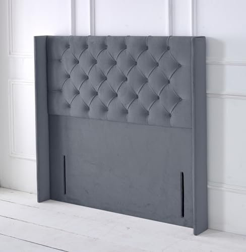 Chesterfield Ottoman Winged Divan Bed Headboard | Plush Velvet Headboards for 4ft Small Double Bed Frame | Elegant design wooden material headboards for beds (Grey,4ft Small Double Height-50inch)