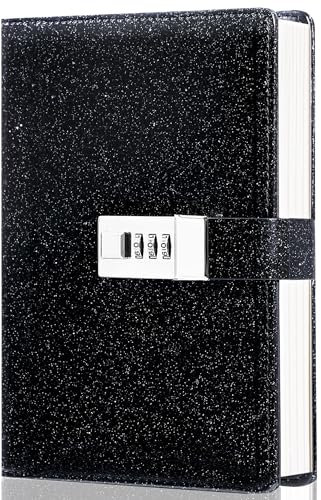 CAGIE Journal with Lock for Women Refillable Lock diary with 224 Pages Glitter Black Diary with Lock for Girls, Adults, 5.3 x 7.9 inches
