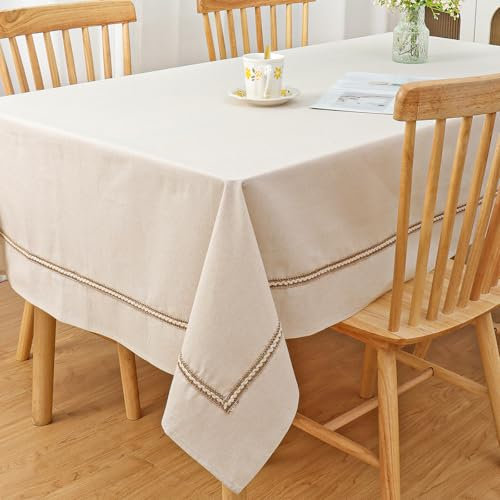 Demisland Beige Tischdecke Abdeckung Party Tischtuch Leinen Abwaschbar Tischdecke Rechteckig Party Tischdeko mit Gestickten Streifen Knitterfrei Staubdicht Table Cloth für Küche Esstisch Dekoration