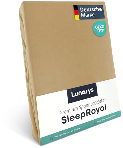 Lunarys® SleepRoyal Luxus Spannbettlaken 180x200cm - Sand - 250 g/m² Premium Bettlaken - 40 cm Steghöhe für hohe Matratzen, Boxspringbett & Matratze + Topper & Wasserbett - Stretch Jersey