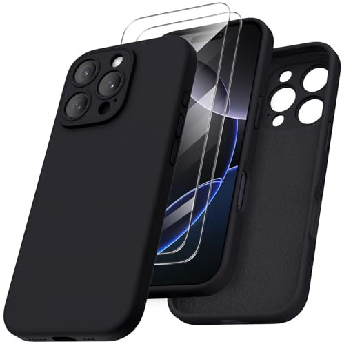 ORNARTO Cover per iPhone 16 Pro Silicone 6.3 Pollici, con 2 Pellicola Vetro Temperato, Morbido Silicone Liquido Protezione, Antiurto Ultra-Sottile Protezione Custodia iPhone 16 Pro-Nero