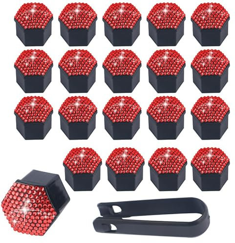 SYSUII 19mm Auto Radschraubenkappen, 20 Stück Radmutternkappen Mit Entfernung Werkzeug Sechskant-Reifen Bling Diamant Muttern-abdeckungen Radbolzen Kappen Rad Mutter Cap Radbolzen Schutz Cover-Rot