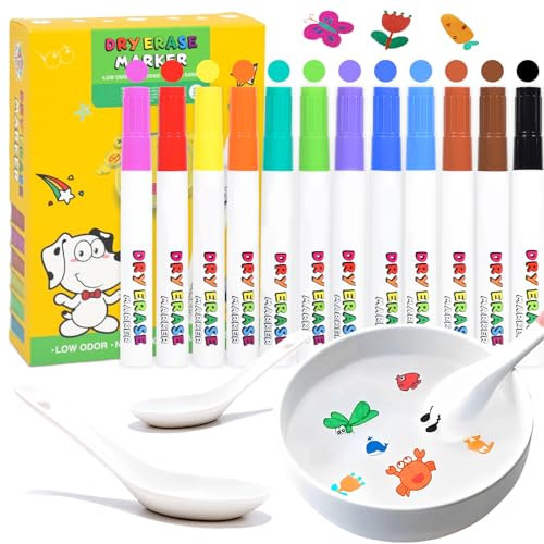 Marte Vanci Magical Water Painting Pen Floating Markers with 2 Spoon Colouring Pens Felt Tip Whiteboard Dry Erase Marker Magic Water Colour Art Pen Set Gift Doodle Christmas 12 Colours