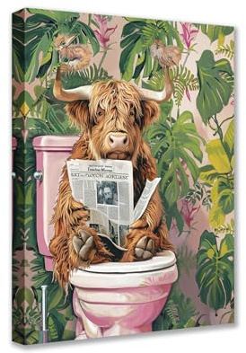 Highland-Kuh auf Toilette Leinwand Wandkunst Tier liest Zeitung Bild 1P Tropische Pflanze Poster Drucke Niedlich Moderne Kunstwerk für Wohnzimmer Schlafzimmer Heimdekoration Gerahmt Galerie-Aufzug
