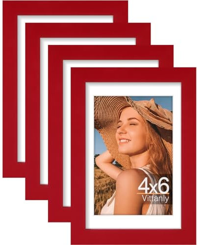 Vittanly Bilderrahmen 10,2 x 15,2 cm, 4 Stück, mit Passepartout oder 10,2 x 15,2 cm ohne Passepartout, kleiner Bilderrahmen für Wand oder Tisch, Holzwerkstoff mit bruchfestem Plexiglas, Rot