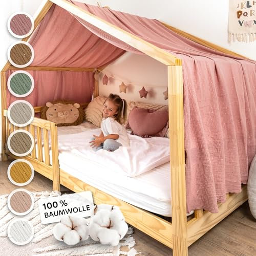 lilimaus Hausbett Himmel mit Gold Applikation [in 12 Farben] Betthimmel Hausbett aus 100% Baumwolle Musselin - Stoffhimmel für Hausbett Deko Mädchen & Jungen - Himmel für Hausbett Kinderbett Vorhang