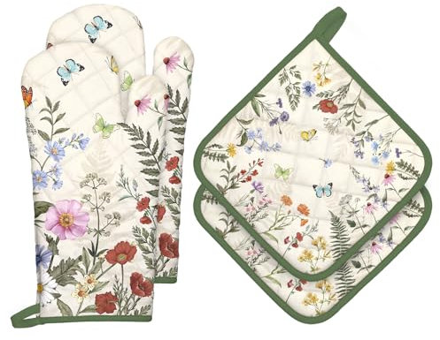 Arquiel Floral Grass Oven Mitts and Pot Holders -100% Cotton, Heat Resistant Extra Long Oven Gloves & Hot Pads for Cooking BBQ Grilling Baking Gift, Set of 4