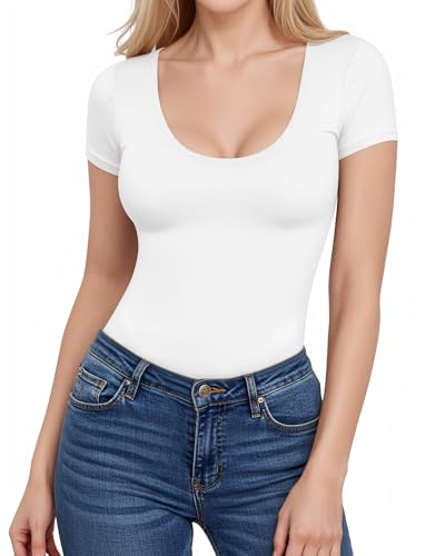 ALGALAROUND Damen T-Shirt Kurzarm Shirt U-Ausschnitt Basic Top Elegant Y2K Oberteile Shirts Slim Fit Tshirt Stretch Sommer Tops 2025 Outfits