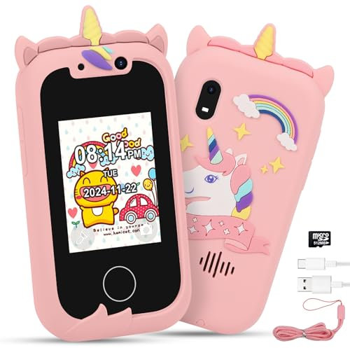 Telephone Enfant,Jouet pour Téléphone Portable Smartphone pour Enfants, Appareil Photo Caméra Vidéo, Ecran Tactile 2.4 Pouces pour 3-9 Ans Filles Garçons Cadeaux Noël d'anniversaire Jouet (Rose)