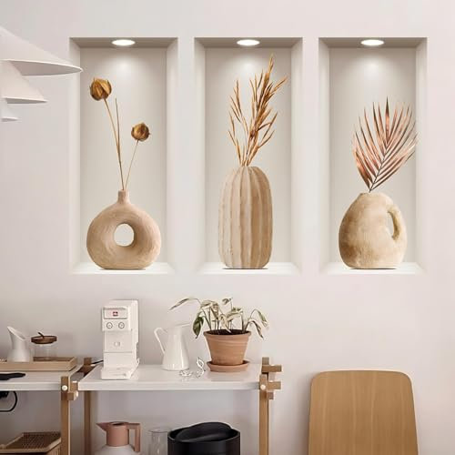 3 Pezzi Adesivi Murali,3D pianta in vaso adesivi impermeabili della parete d'arte,3D adesivo della parete della pianta per il soggiorno camera da letto bagno cucina ufficio decorazione
