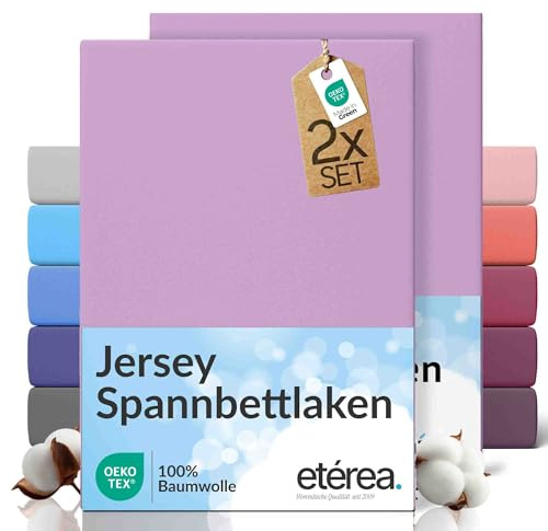 etérea Jersey 2er Set Spannbettlaken 100x200cm - 120x200cm Flieder bis 25 cm Höhe - 100% Baumwolle Spannbetttuch Oekotex - Doppelpack Bettlaken 100x200 cm - 120x200 cm - Lila