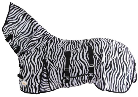 Marengos - Zebra Fliegendecke mit Halsteil & Bauchlatz – robuste & atmungsaktive Ekzemerdecke – Schutz vor Insekten – reißfeste Fliegendecke – Outdoor-Pferdedecke – 115cm