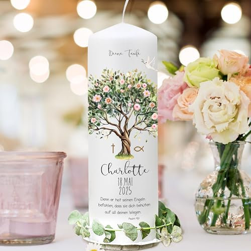 ilka parey Taufkerze Mädchen personalisiert - Patenkerze - Gastkerze - Lebensbaum rosa Blüten - Wunschname mit Spruch - Personalisiertes Taufgeschenk - Taufkerze (wk263)