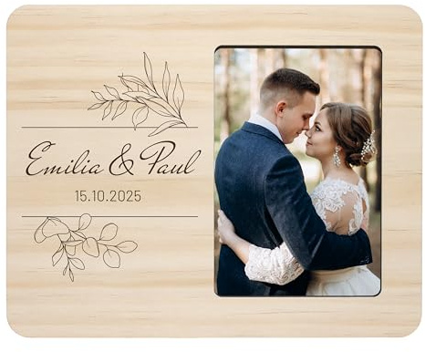 Bilderrahmen „Hochzeit“ personalisiert mit Namen & Datum - Hochzeitsgeschenk, Geschenk für Brautpaar, Deko - veredelt mit Gravur - ca. 25x20 cm aus Holz mit Fotoausschnitt ca. 10x15 cm