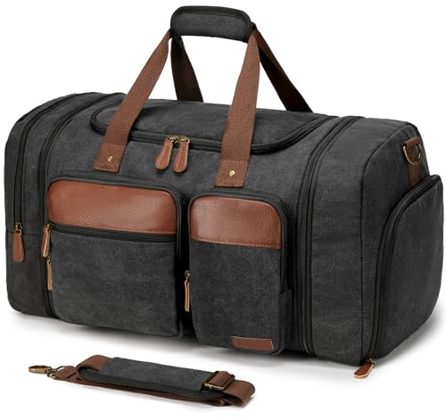 Celvetch Canvas Duffle Bag for Travel 50L Expandable Travel Duffel Bags for Men Women Overnight Weekend Gym Bag with Shoes Compartment - Dark Grey