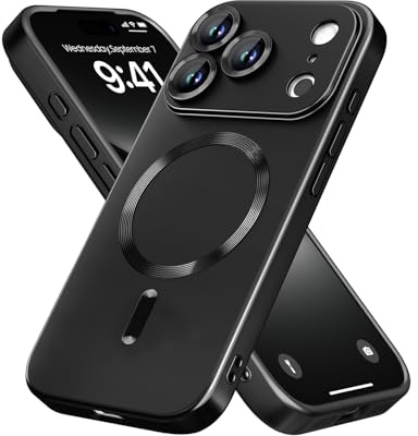 JOMA-E Shop Magnetic for iPhone 17 Pro Case [Compatible with MagSafe][Built-in Camera Lens Protector] Matte Soft Silicone Bumper Shockproof Metallic Luster Phone Shell (Black)