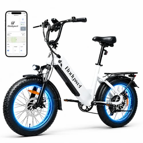 Bodywel F20 E Bike Herren Damen, 20x3.0“ E Fatbike Elektrofahrrad City Mountain,70-80km Reichweite, 48V 15Ah Akuu, 250W Heckmotor, 4,5“ LED Display, 7-Gang-Getriebe, Federgabel