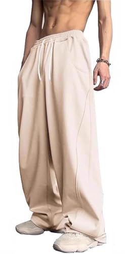 PADOLA Pantalon Jogging Baggy Homme Taille Elastique Cordon de Serrage Pantalons de Travail Uni Jambe Large Pantalon Cargo Aves Poches Décontracté Y2K Pantalons de Plein Air (Beige, 3XL)