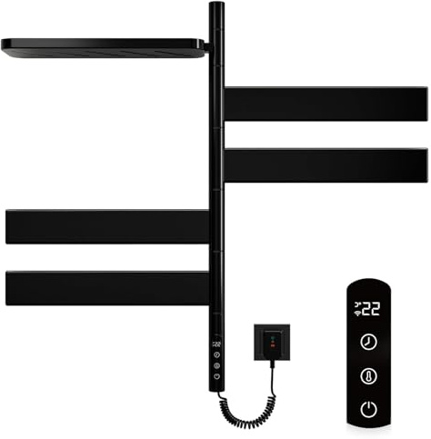 YZRDCXM Smart Heated Towel Rack,Wall-Mounted Towel Radiator 760 × 450 mm Heated Towel Rail,Towel Warmer with Storage Shelf, WiFi Smart Thermostatic, 180° Rotatable, App Control(Right plug)
