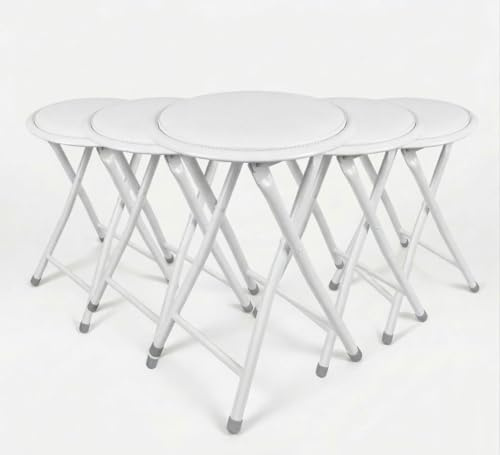 SuperGift.com Round Compact Padded Folding Stool Chair For Breakfast, Office Stool, Folding Kitchen Stool, Desk Stool, Foldable Bar Stools (White 5 Pack)