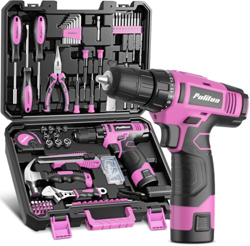 PULITUO Drill Set, 149-Piece Home Tool Set with 12V Pink Cordless Drill, Hand Tool Kits for Women & Men and DIY Enthusiasts, for Home
