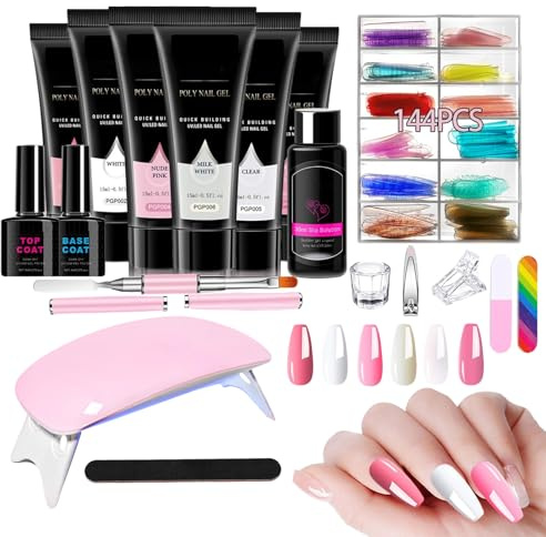 Gel Extension Nail Set - 6 x 15 ml Liquid Nail UV Gel Manicure Set - With Extension Glue, 7.5 Primer, 7.5 M Top Coat and 30 Smoothing Liquid for Long-Lasting Salonergy