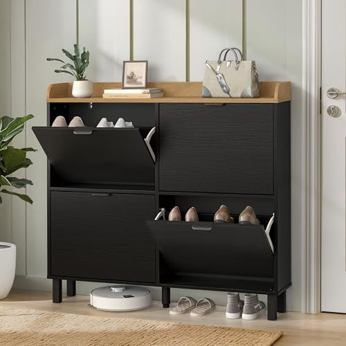 LUE BONA Schuhschrank schmal, Schuhschrank mit 4 Flip-Klappen, Schuhkipper mit Holzfüßen, Schuhregal Geschlossen Shoe Cabinet für Flur, Eingang, Diele, Garderobe, 100x91.5x19cm, Schwarz