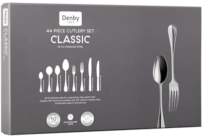 Denby Classic Cutlery Set - 44 Piece 18/10 Stainless Steel Flatware Set - Traditional Design with Mirror Finish - Dishwasher Safe Tableware - Knife, Fork & Spoon Set - Family Dining