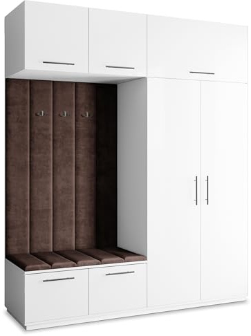 Masseno Flugarderoben Set Rema, Kleiderschrank-Set mit Sitzbank, Garderobenschrank Flur mit 5 Regalböden, Weiß