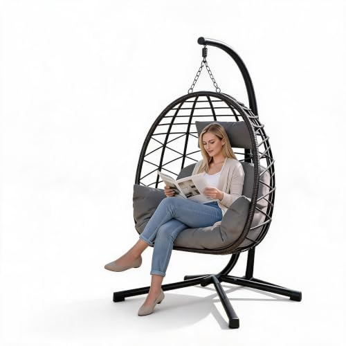 Fauteuil Suspendu Extérieur avec Support, Coussin Épais，Charge 150kg-Gris | Fauteuil Œuf Suspendu de Structure Acier Robuste, Rotin Synthétique PE résistant aux intempéries pour Jardin ,Terrasse