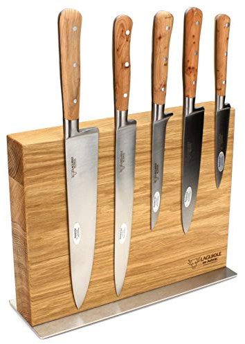 Laguiole en Aubrac - Messerblock aus Eiche - magnetisch - Kochmesser Set 5-teilig - Griff Wacholder Holz - Geschmiedete Qualität