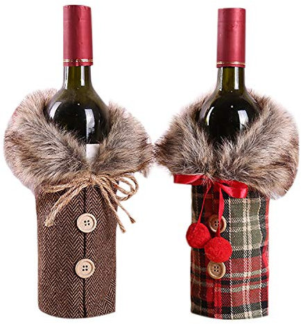 Evelin LEE Lot de 2 housses de bouteille de vin de Noël avec pompons en fausse fourrure - 17 x 23,9 cm
