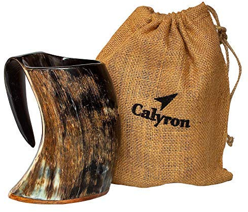 Calyron Echter 750 ml großer 15,2 cm großer Wikinger-Bierkrug mit Griffen, Met, handgefertigt, Valhalla-Trinkbecher, Horn, Becher Game of Thrones, Bierkrug mit Ständer, geruchsdicht für Männer