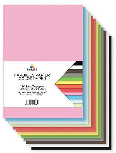 Tritart Tonpapier A4 bunt 130g/m² - 120 Blatt buntes Papier A4 zum Basteln - Bastelpapier Set - Fest und Stabil - Buntpapier Tonzeichenpapier - Farbiges Papier