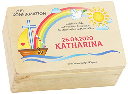LAUBLUST Holzkiste zur Konfirmation - Geschenkkiste Personalisiert mit Gravur - Frieden Farbmotiv | Personalisiertes Konfirmationsgeschenk mit Name & Datum, FSC® (Natur, ca. 30 x 20 x 14 cm | M)